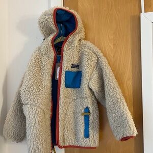 Patagonia Baby Retro-X® Hoody Cream Fleece with Red Trim and Blue Details
